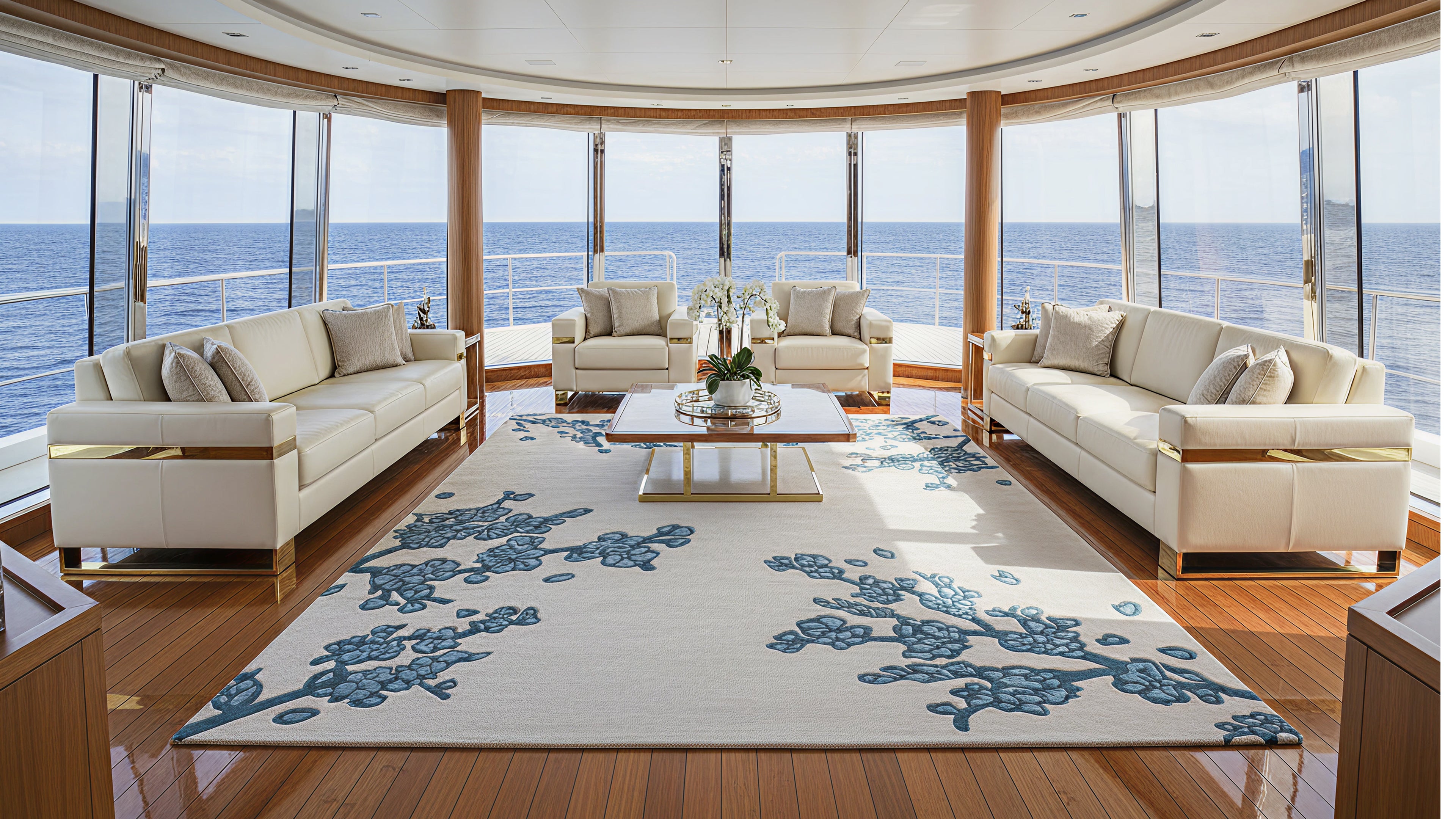 Aarzu / Blue & While Floral Hand-Tufted Silk & Wool Blend Rug