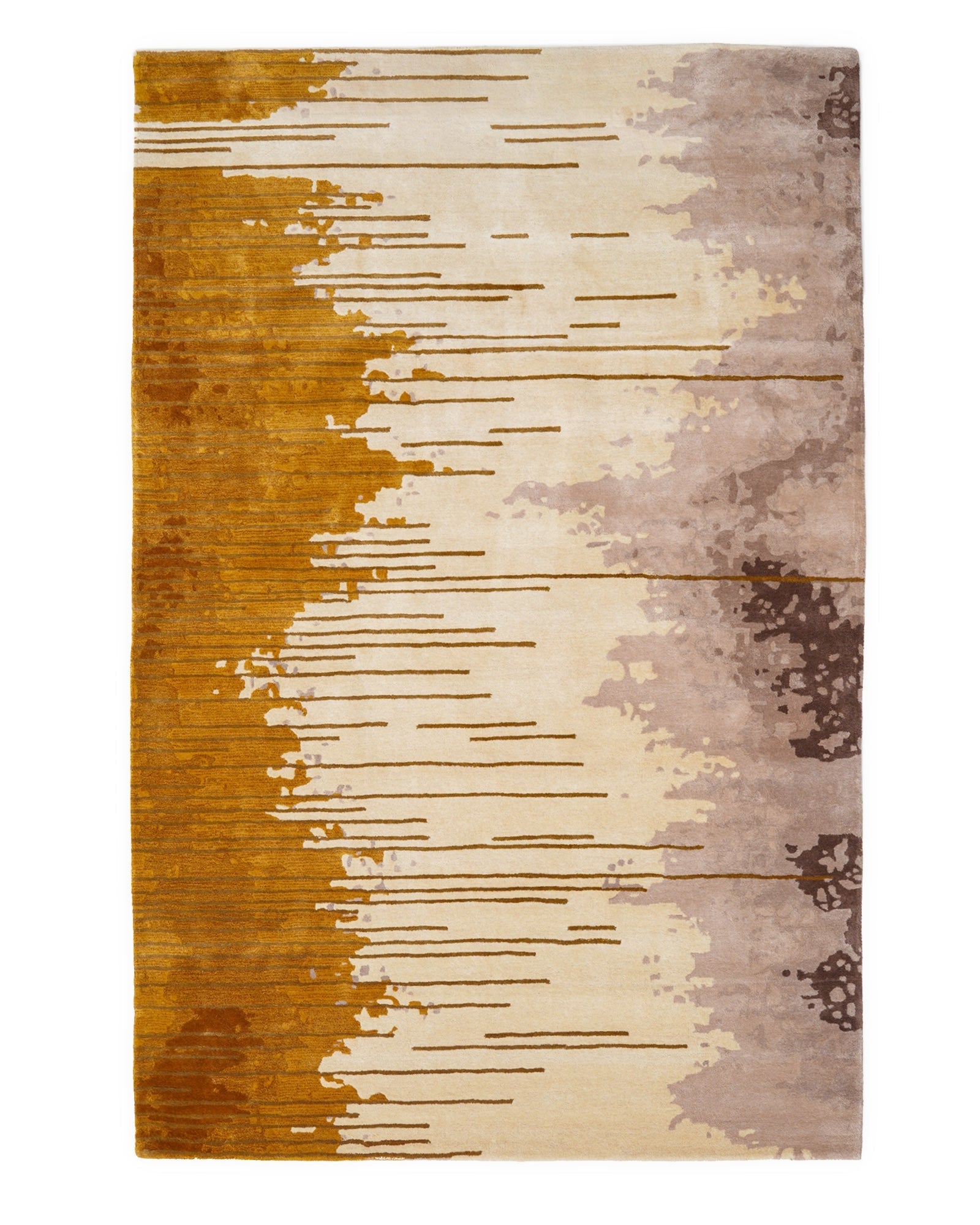 Abstract patterned rug with brown and beige colors on a white background
