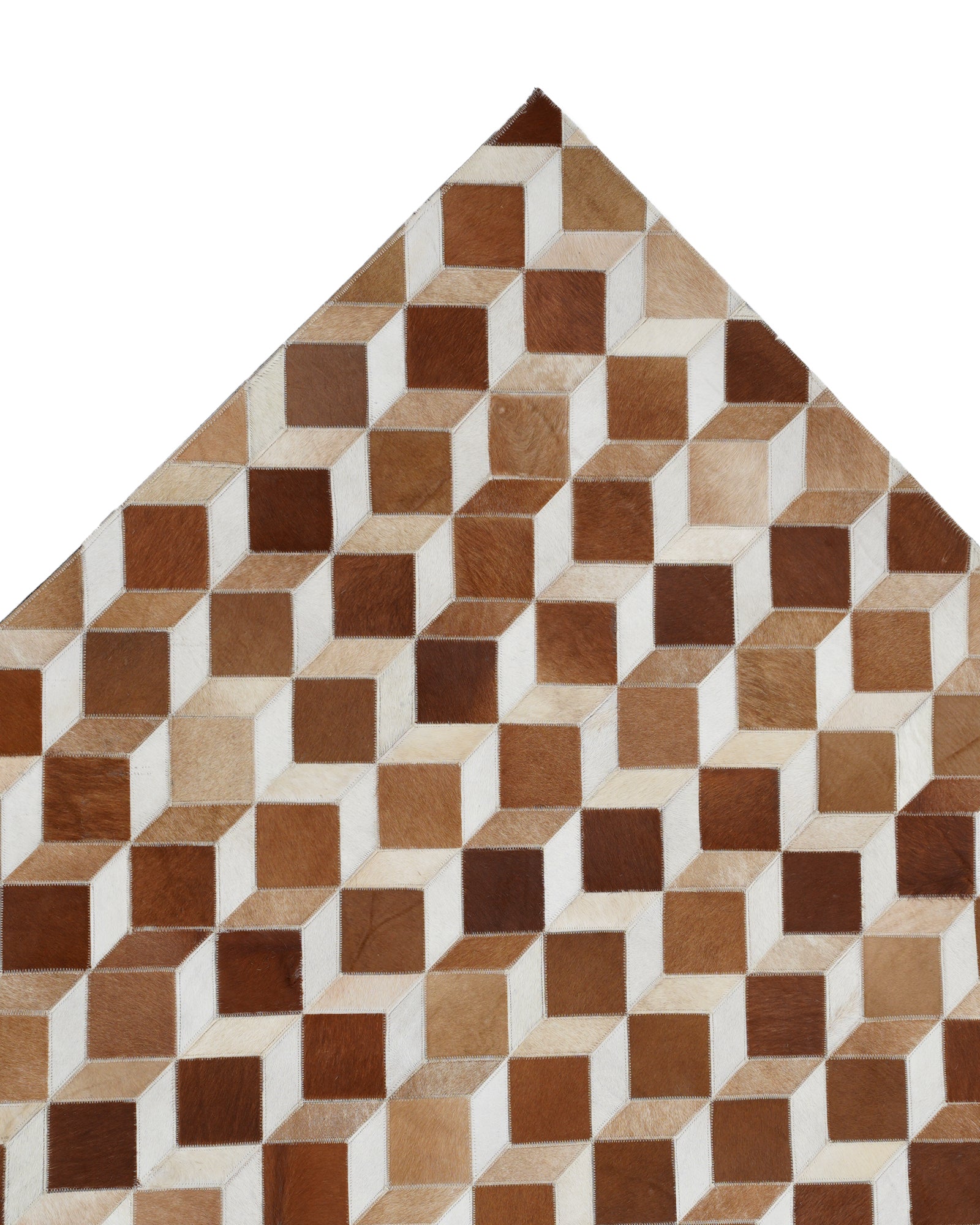 Corner View Caramel Brown and Ivory Diamond Harlequin Hair-on Leather Patchwork Rug