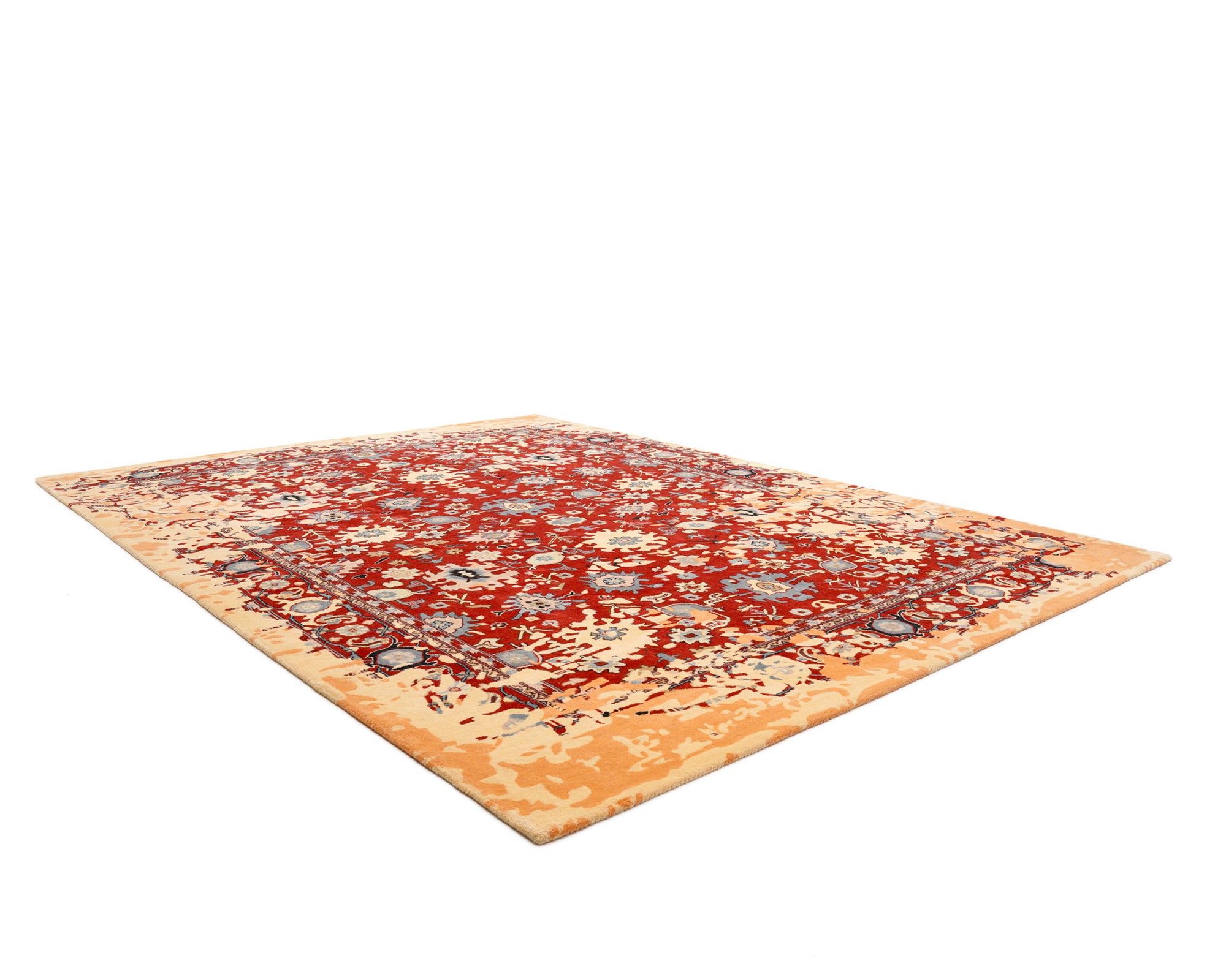 Crimson and Apricot Distressed Floral Hand-Tufted New Zealand Wool Rug Front