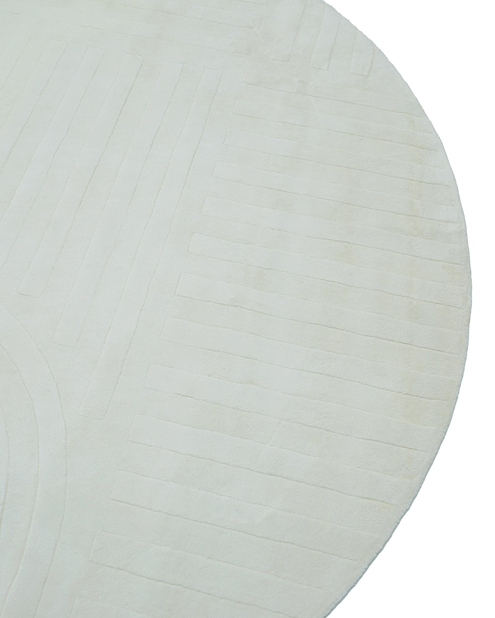 Ivory White Tonal Spiral and Grid Hand-Tufted 100% Bamboo Silk Round Rug corner detail