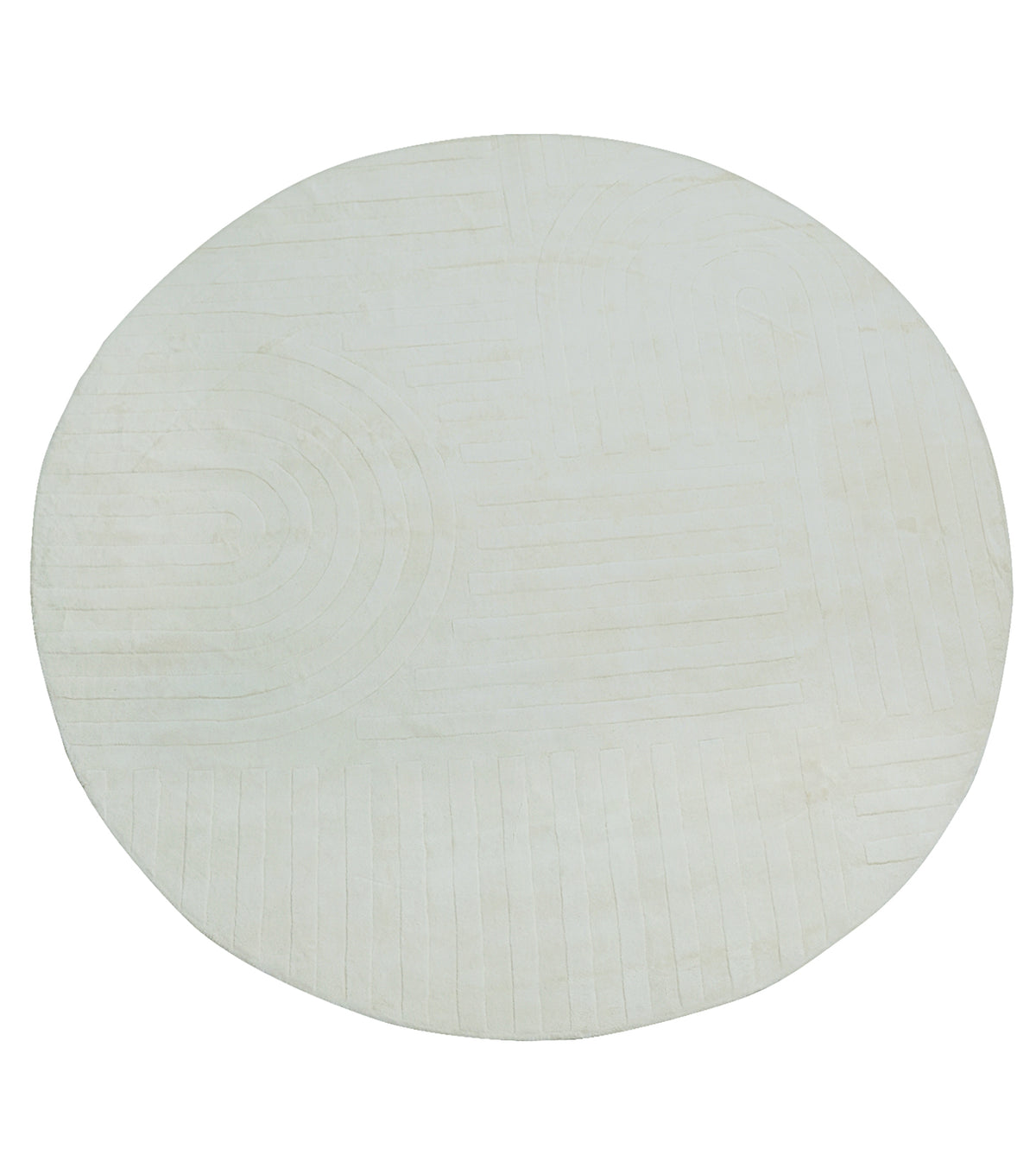 Ivory White Tonal Spiral and Grid Hand-Tufted 100% Bamboo Silk Round Rug front view