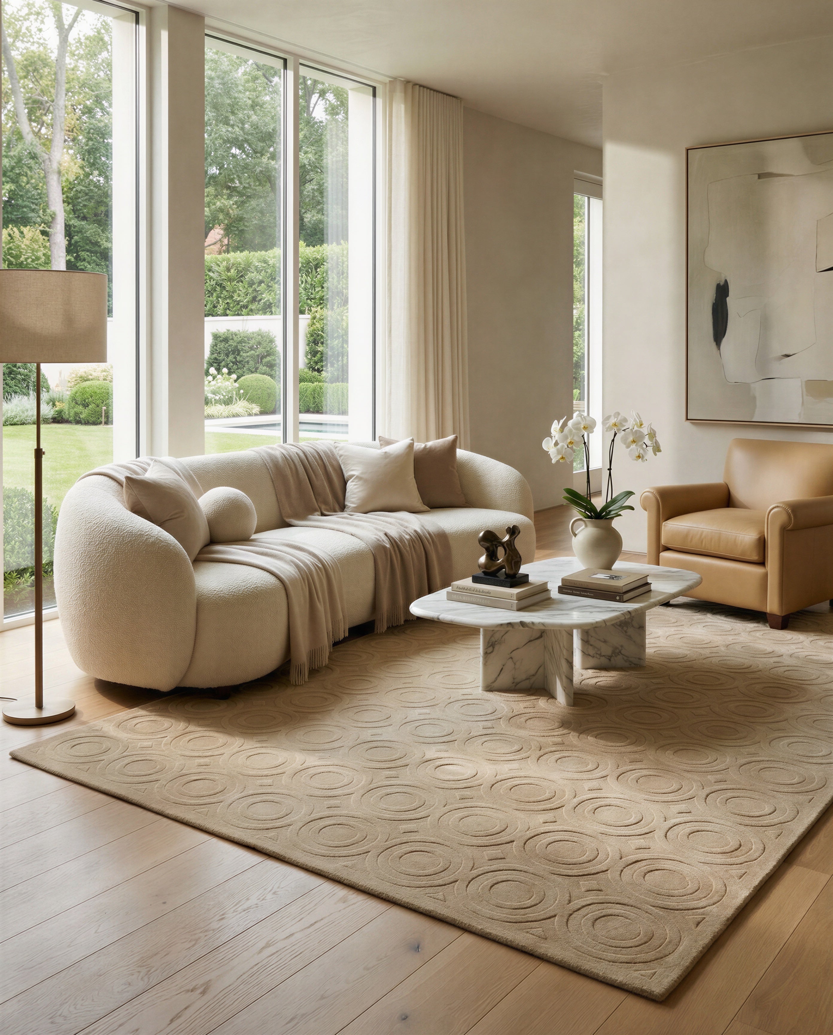 Modern living room with a beige sofa and beige rug