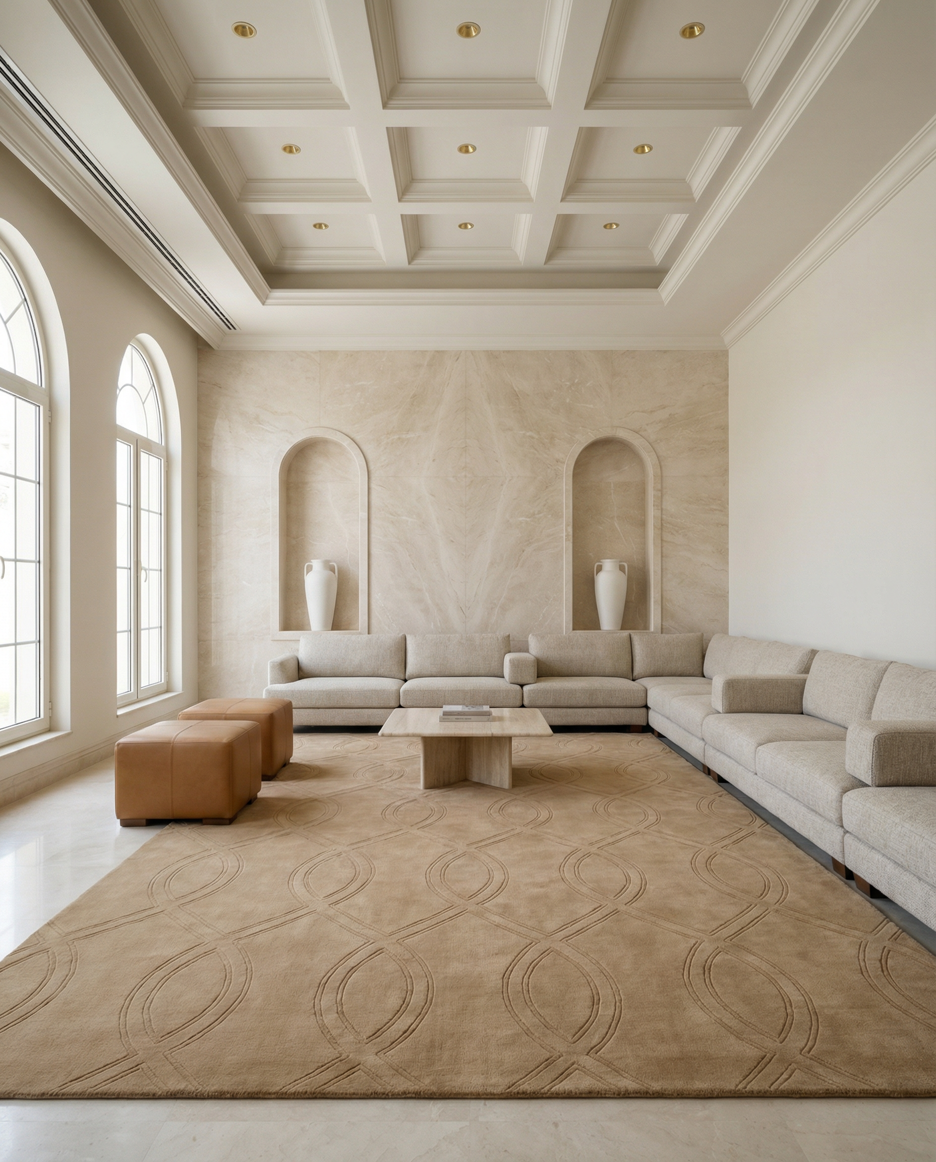 beige rug in majlis with light cream sofa