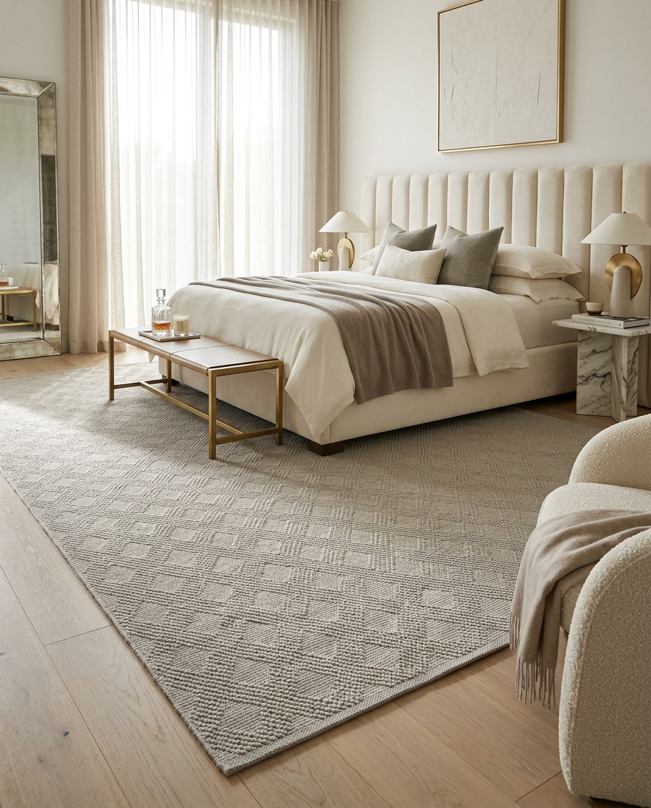 Neatly arranged bedroom with a bed, side tables, and a cream rug.