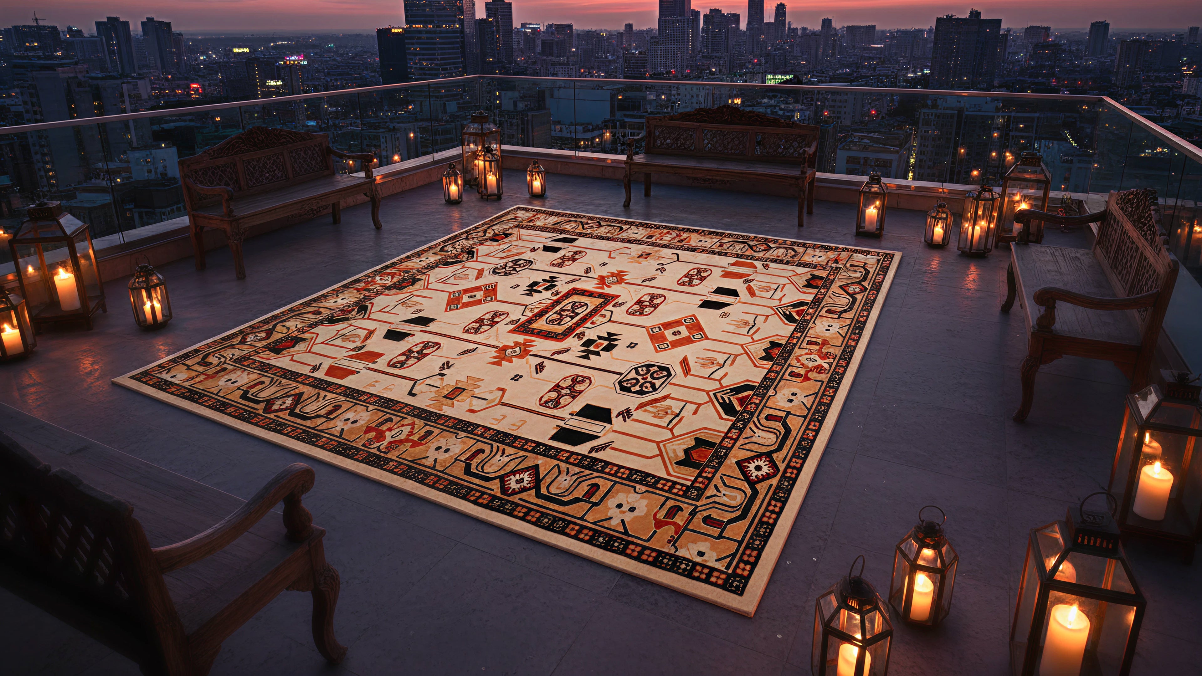 Tribal motif rug styled in modern interior setting