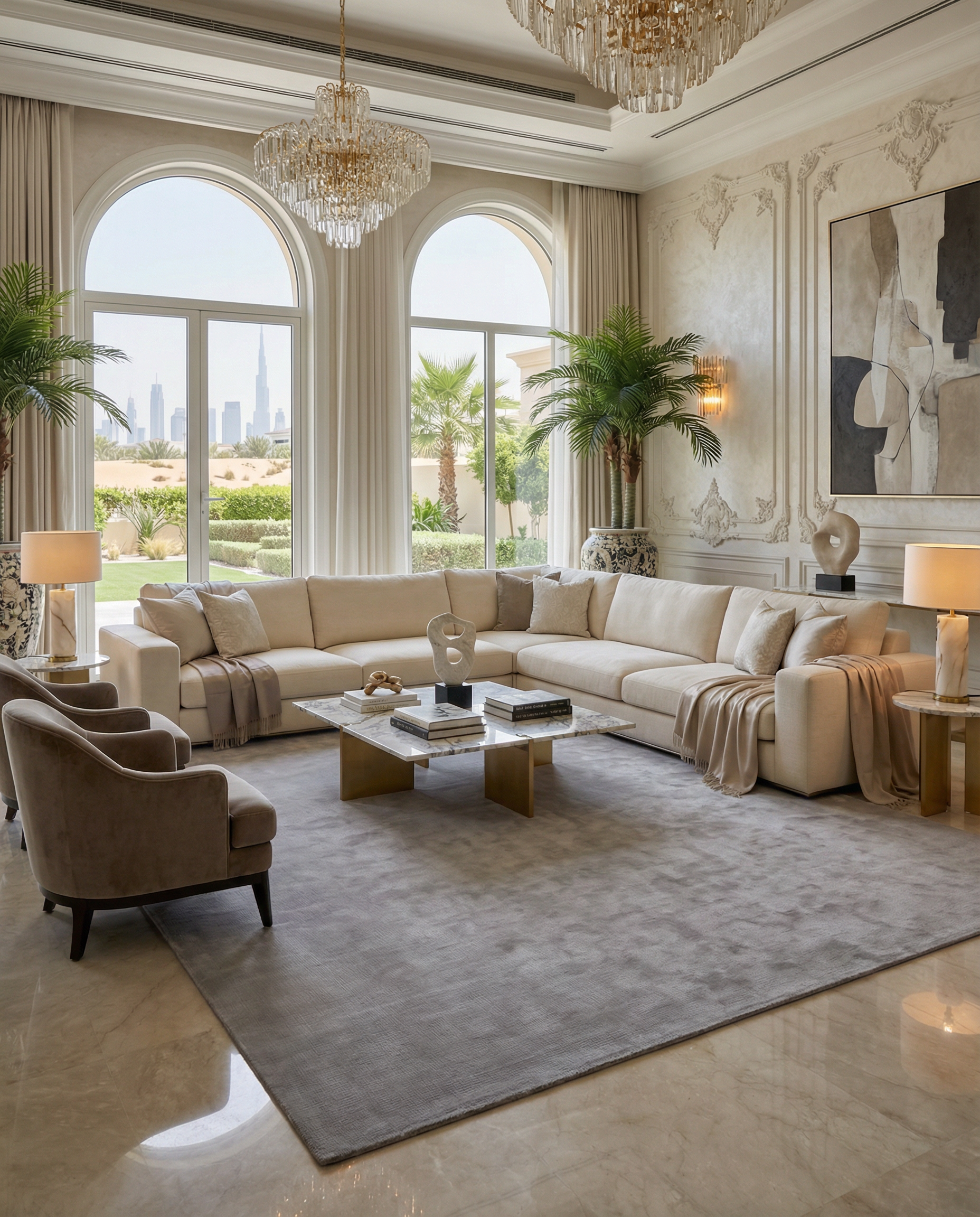 AIBA World cool grey plain flatweave handmade rug styled in a grand Dubai villa living room with cream sectional sofa, marble coffee table, crystal chandeliers and Burj Khalifa skyline view — handmade rugs Dubai UAE