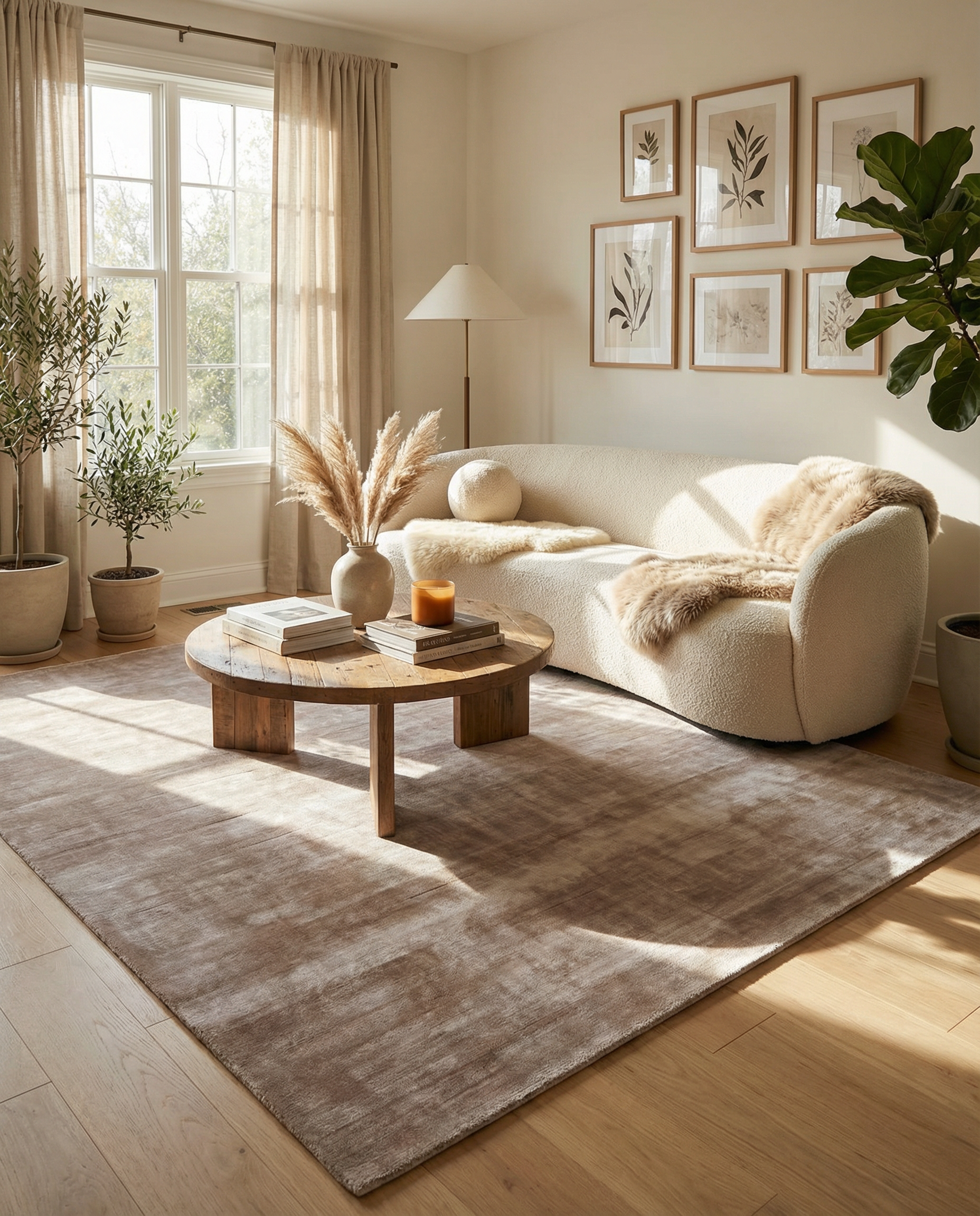 AIBA World warm greige mink lustrous silk flatweave handmade rug styled in a luxury living room with bouclé sofa, natural wood coffee table and warm oak floor — handmade rugs Dubai UAE