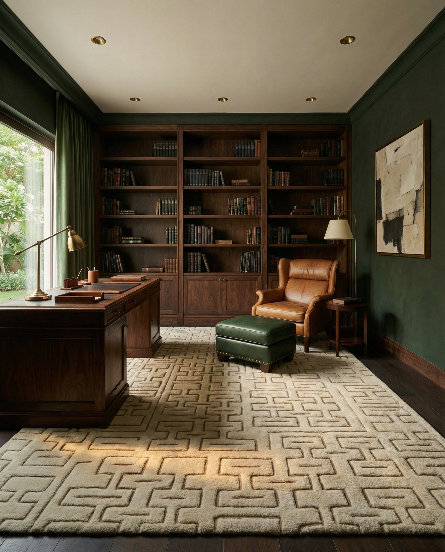 AIBA World ivory cream sculptural maze labyrinth hand-tufted wool rug styled in a luxury private library with dark walnut bookshelves, cognac leather chair and deep green walls — handmade
rugs Dubai UAE