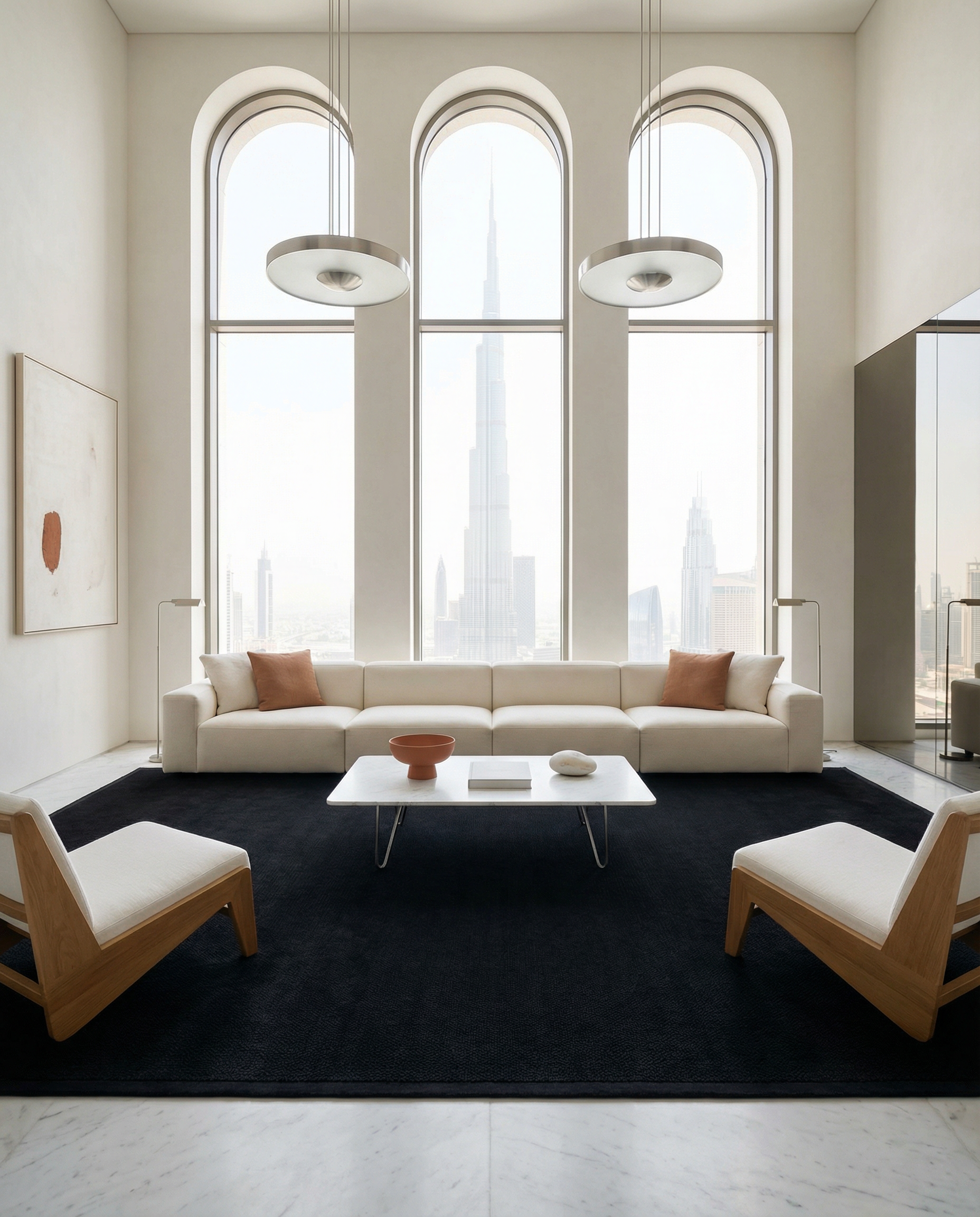 AIBA World jet black hand-knotted wool rug styled in a double-height luxury Dubai penthouse living room with white cashmere sofa, terracotta cushions, marble floor and Burj Khalifa skyline view — handmade rugs Dubai UAE