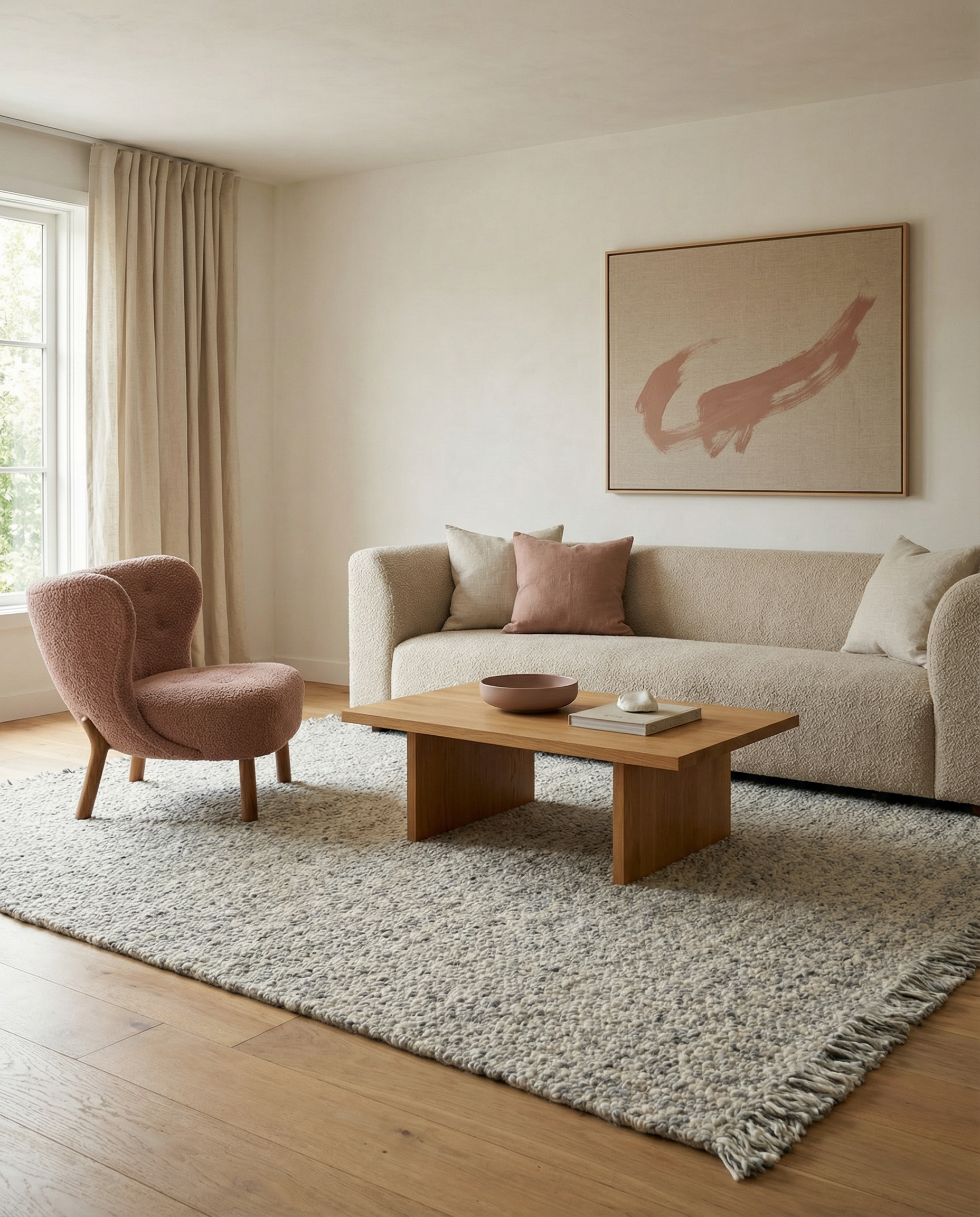 AIBA World natural salt and pepper melange pebble weave fringed handmade wool rug styled in a scandinavian living room with dusty rose bouclé chair, oatmeal sofa and warm oak floor — handmade rugs Dubai UAE
