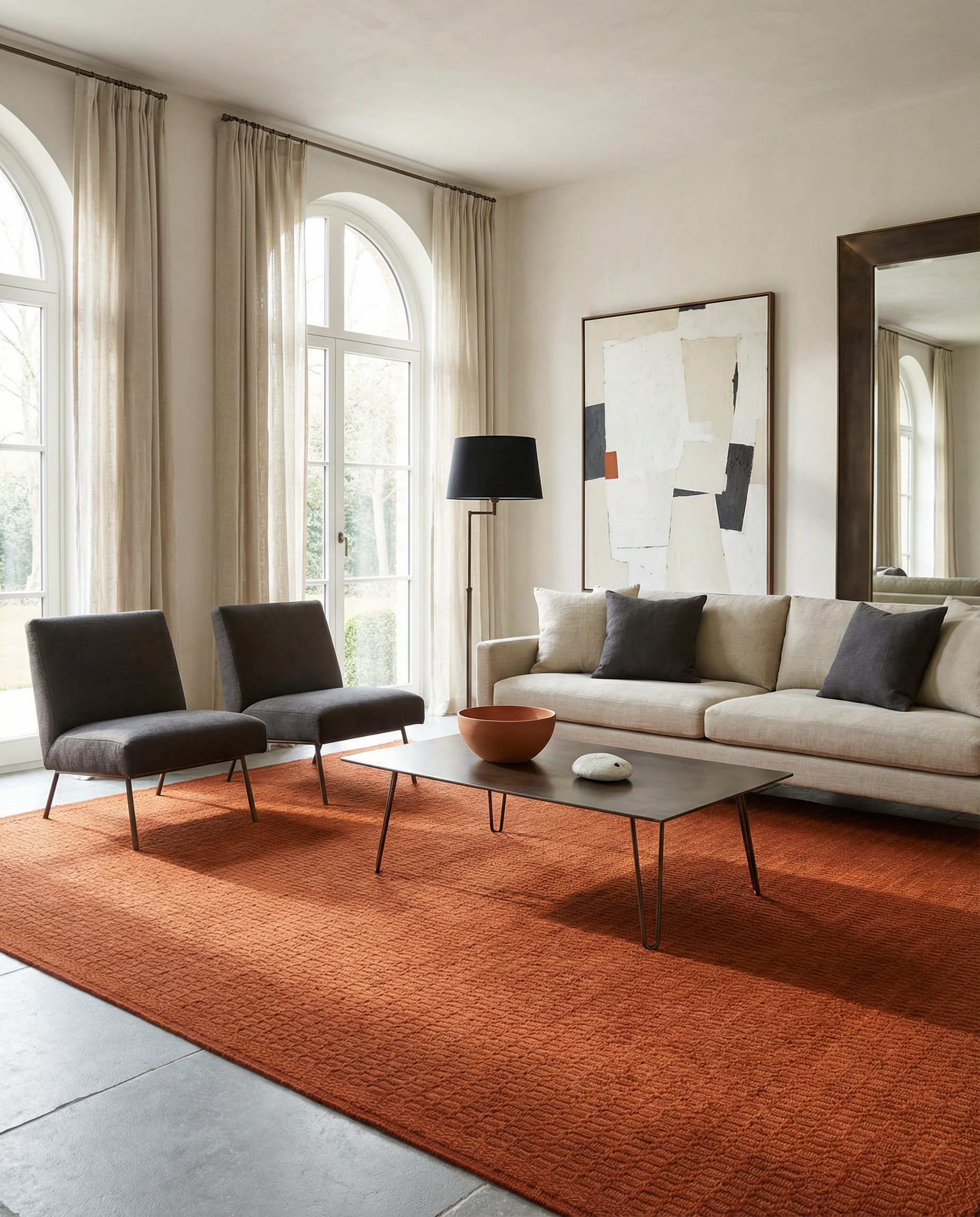 AIBA World burnt orange terracotta hand-tufted wool rug with tone-on-tone honeycomb pattern styled in a luxury living room with linen sofa, charcoal accent chairs and arched windows - handmade rugs Dubai UAE