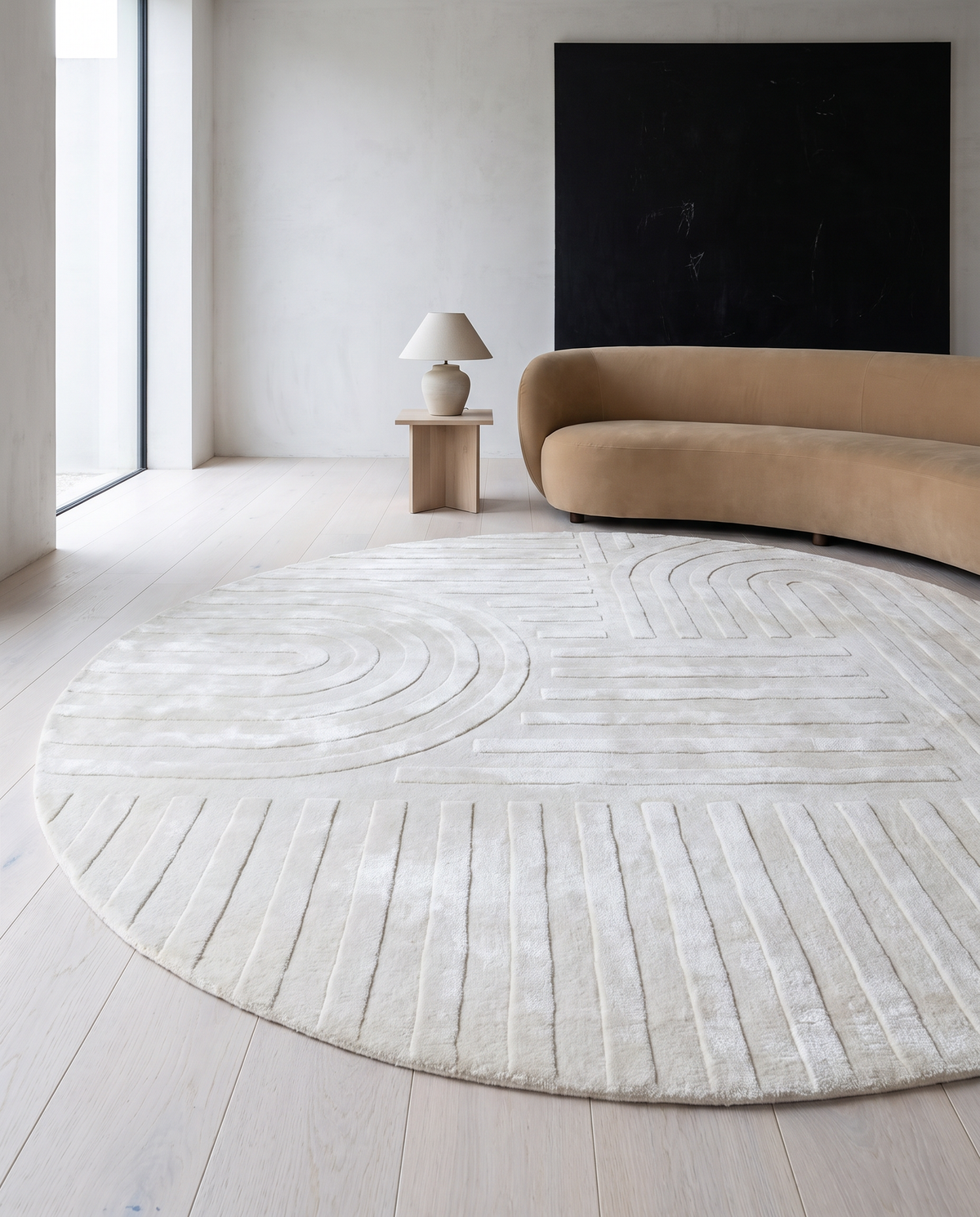 Ivory White Carved Meander High-Low Hand-Tufted 100% Bamboo Silk Rug in living room