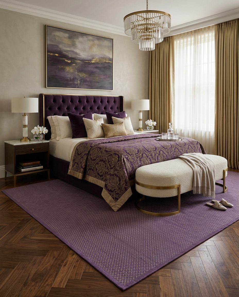 Luxurious bedroom with purple accents, including a bedspread and purple rug.