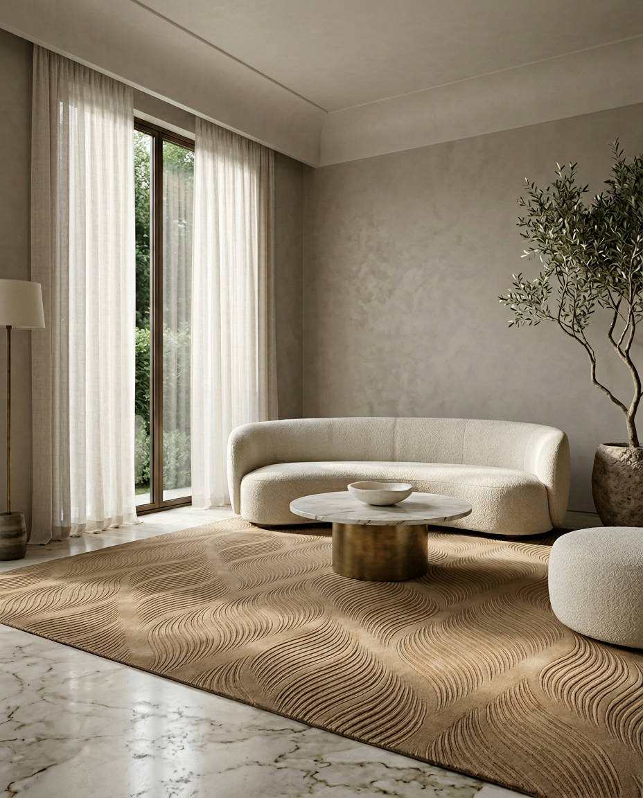 Modern living room with a beige sofa and brown carpet