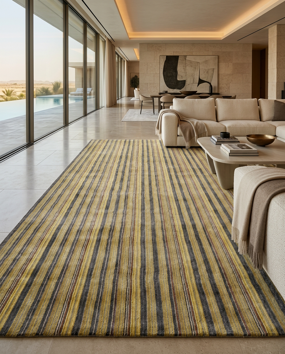 handmade yellow stripped rug for living room