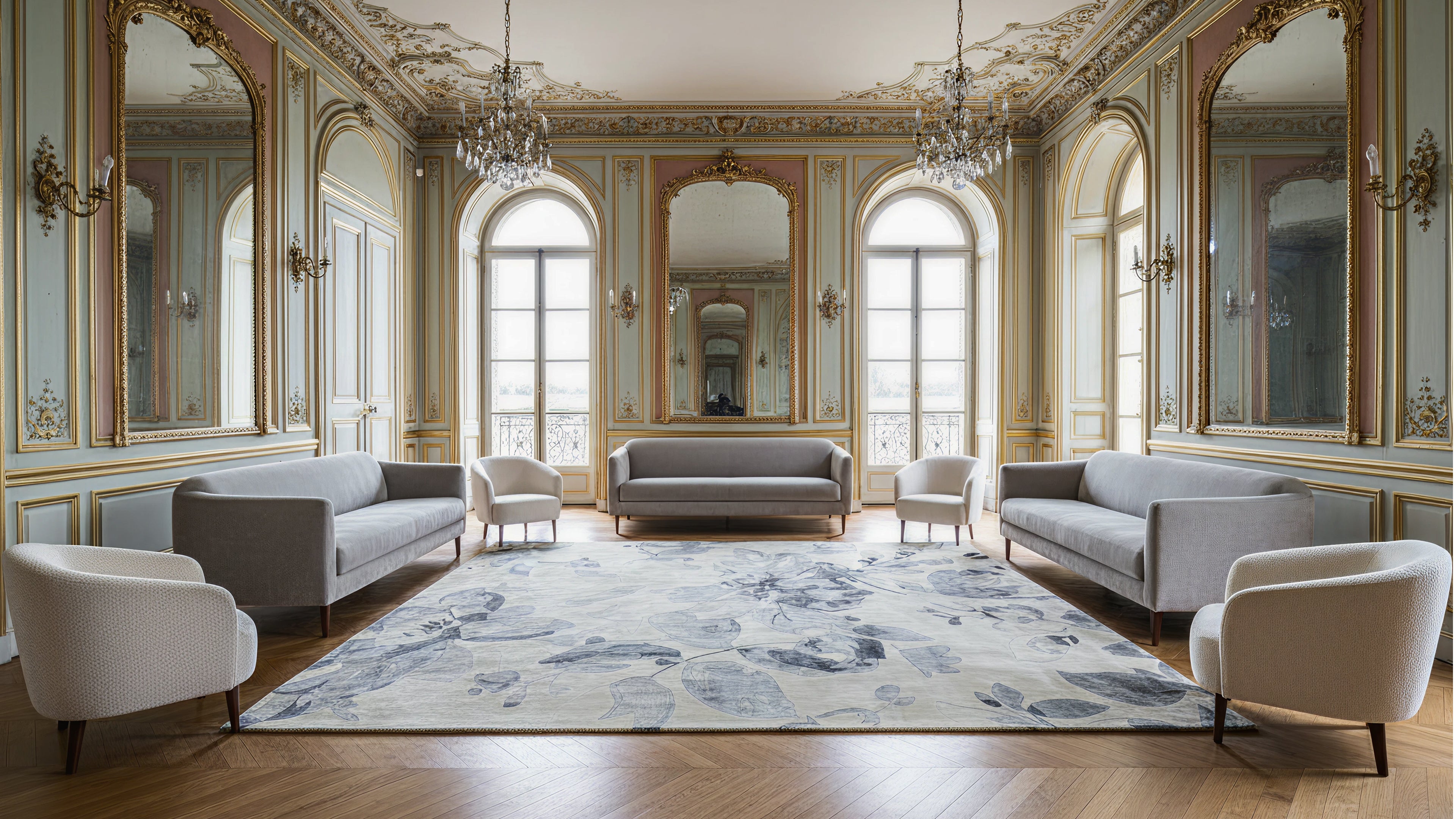 Neerja / Grey Petal Pattern Hand-Tufted Bamboo Silk Rug