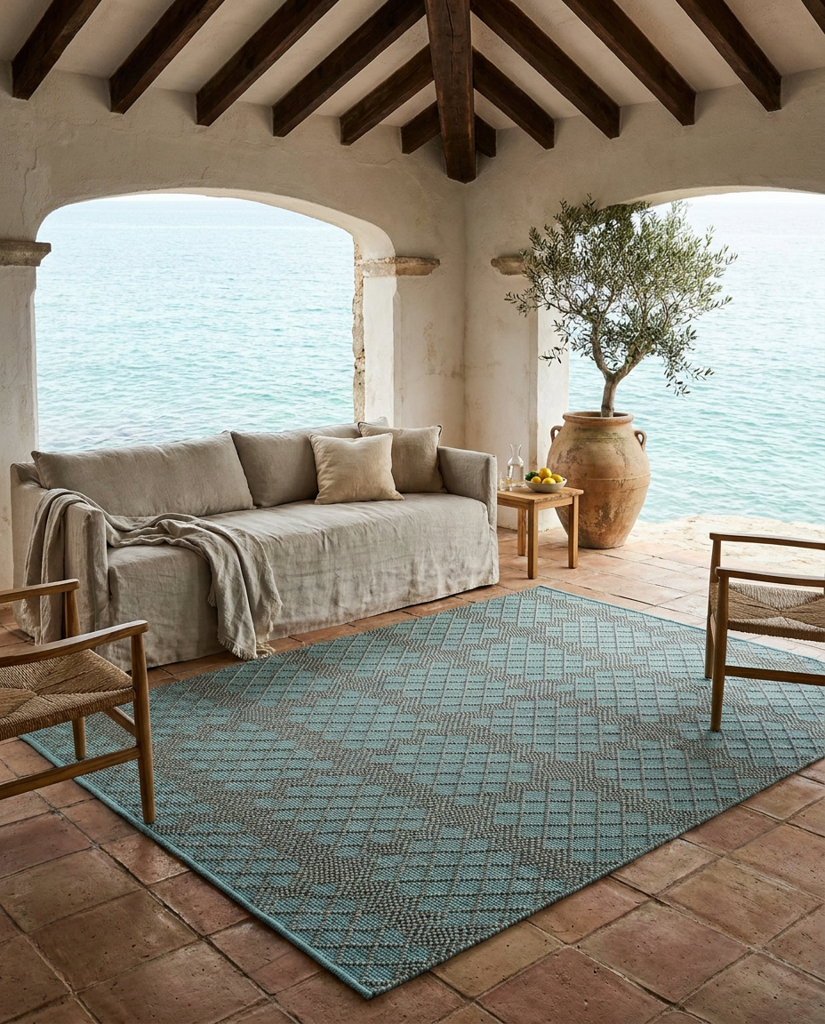 Room View Aqua Blue Pattern Handmade Flat Weave New Zealand Wool Rug