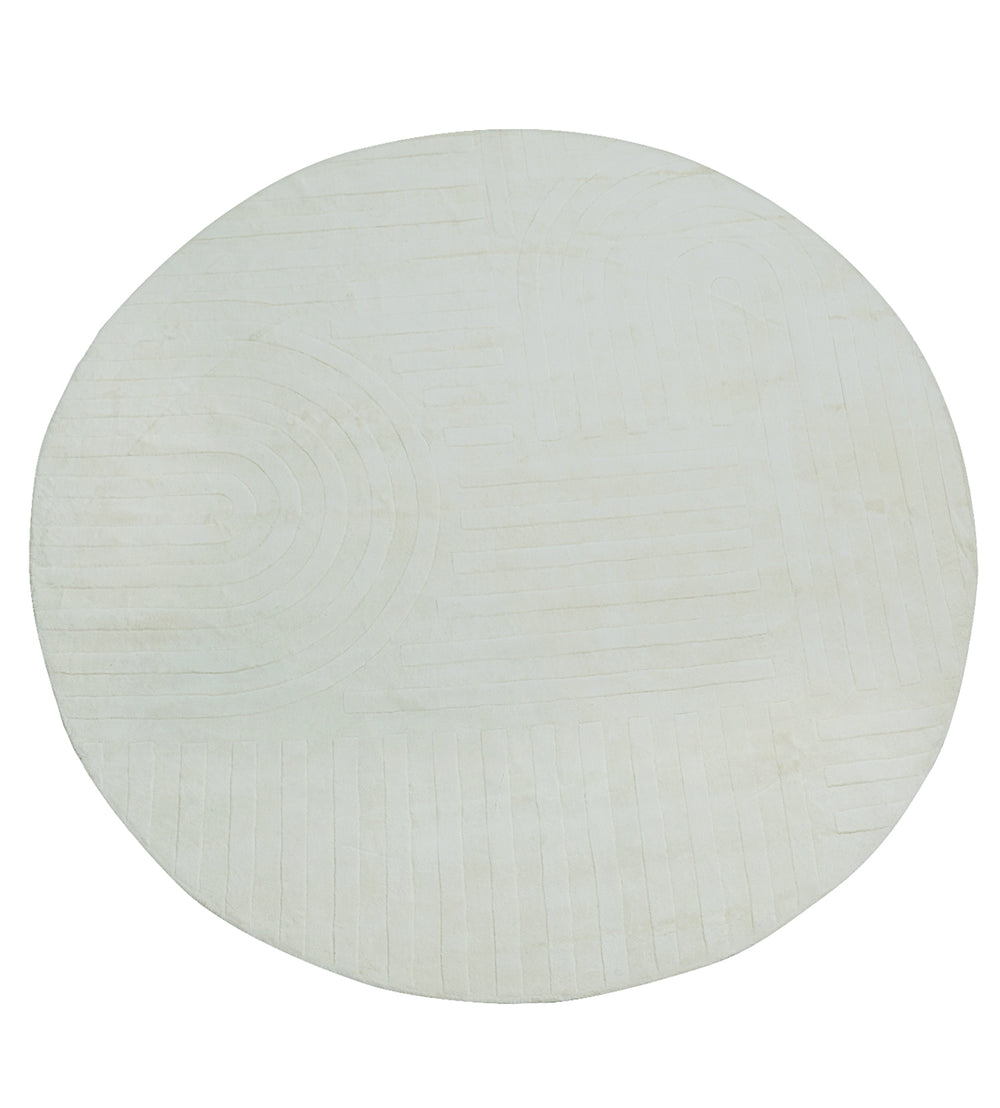Ivory White Tonal Spiral and Grid Hand-Tufted 100% Bamboo Silk Round Rug front view