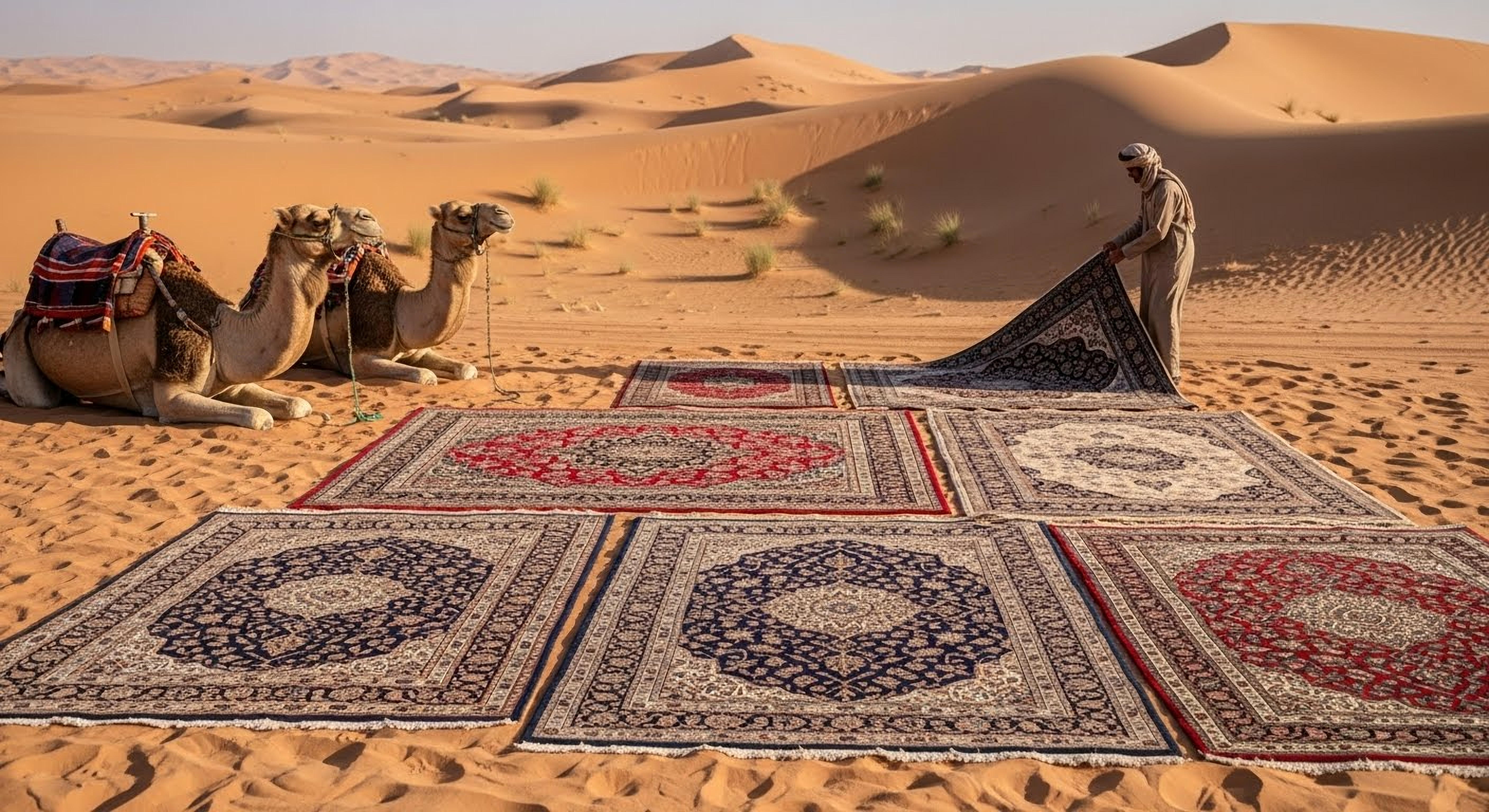 Camels and a person with patterned rugs in a desert setting