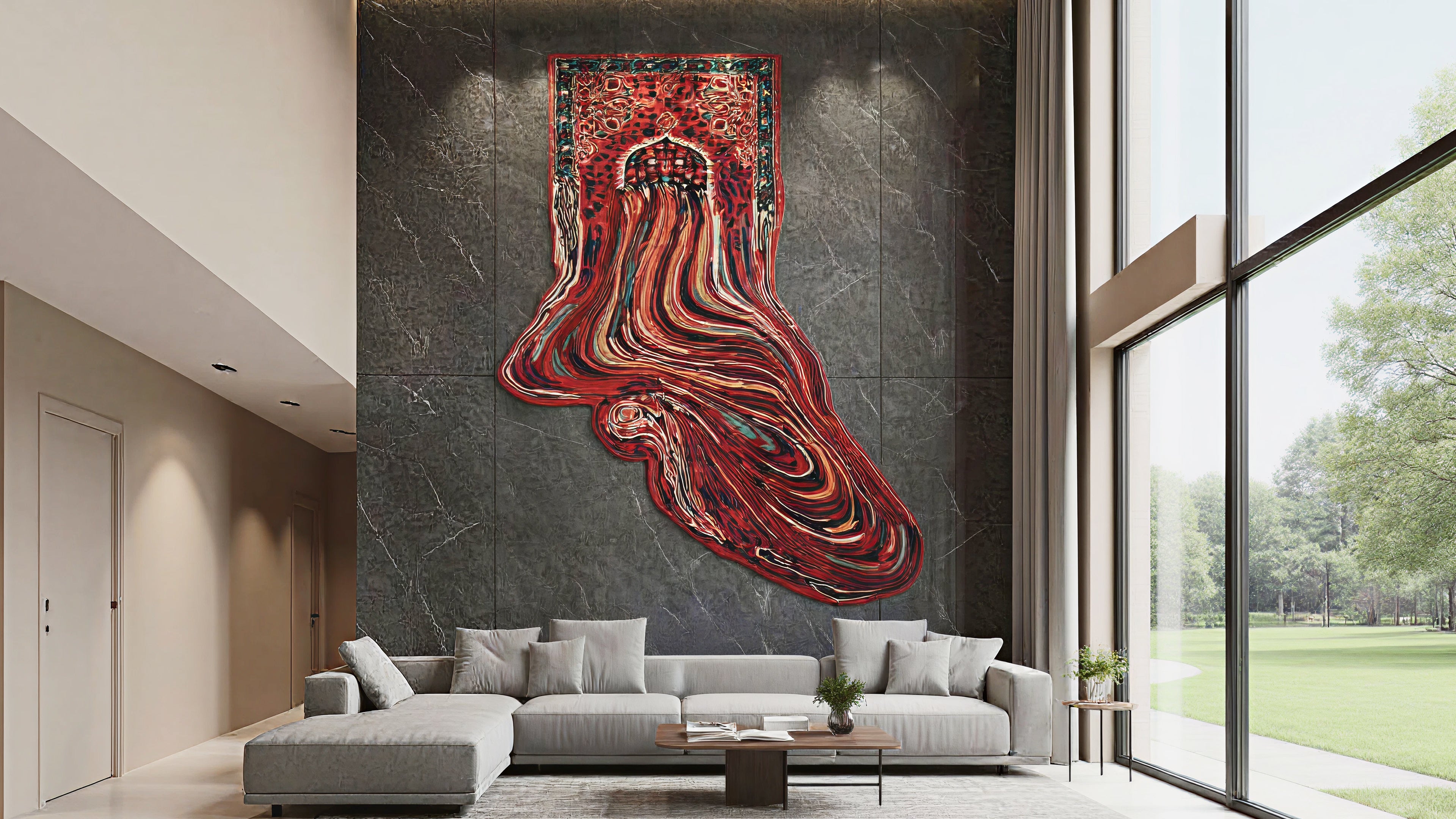 Room Scene Crimson and Teal Melting Prayer Arch Sculptural Hand-Tufted Bamboo Silk Rug