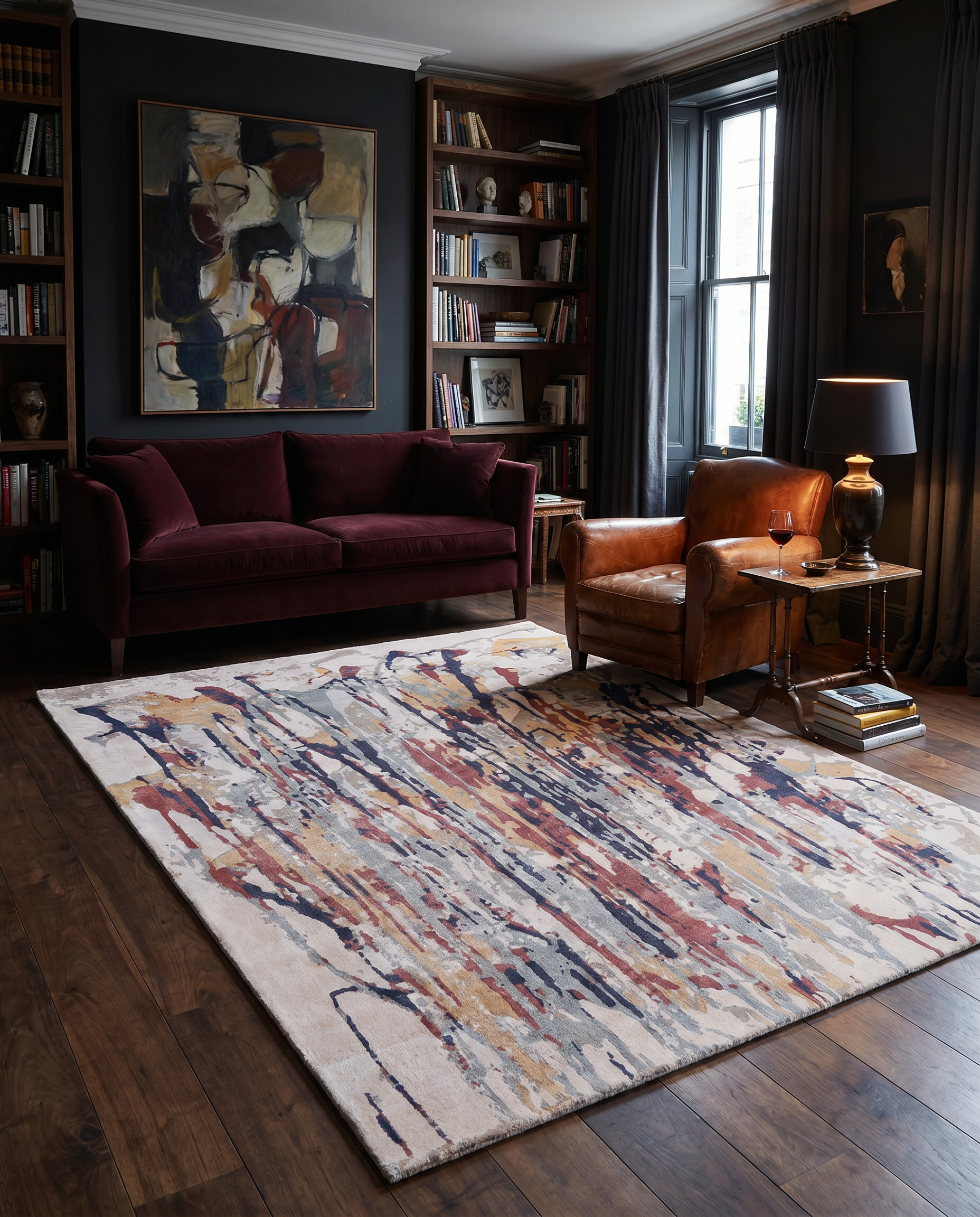 Room scene Blush and Navy Abstract Drip Hand-Tufted Bamboo Silk Rug
