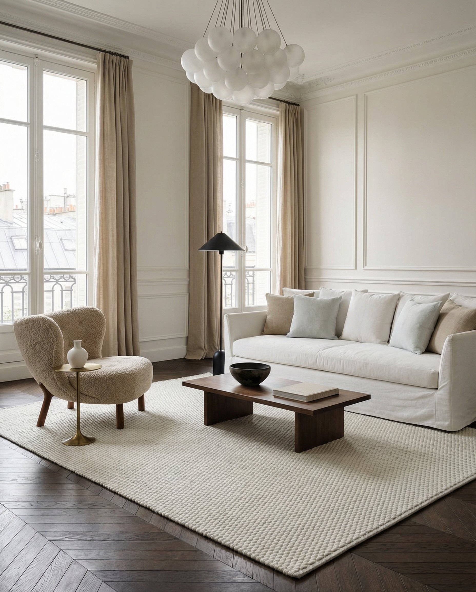 scandinavian beige rug with cream sofa in living room
