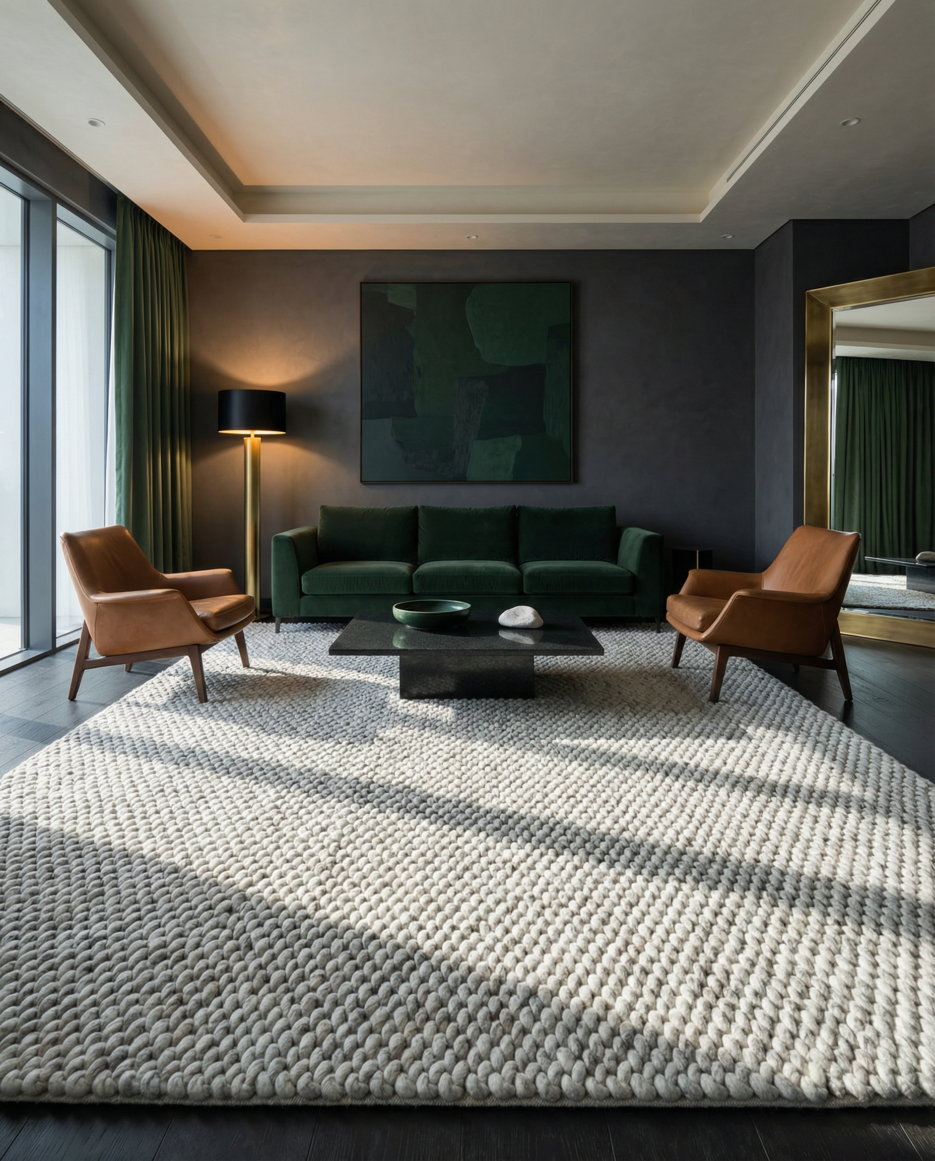 AIBA World cool grey white chunky rope braided hand-woven wool rug styled in a dramatic luxury living room with forest green velvet sofa, cognac leather chairs and dark charcoal walls — 
handmade rugs Dubai UAE