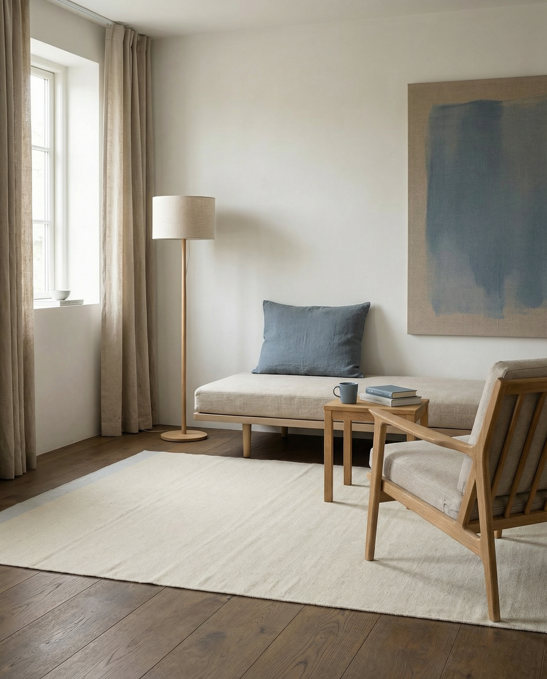 AIBA World warm ivory cool grey two-tone flatweave handmade wool rug styled in a Scandinavian reading corner with oak daybed, dusty blue cushion, linen curtains and dark oak floor — handmade rugs Dubai UAE