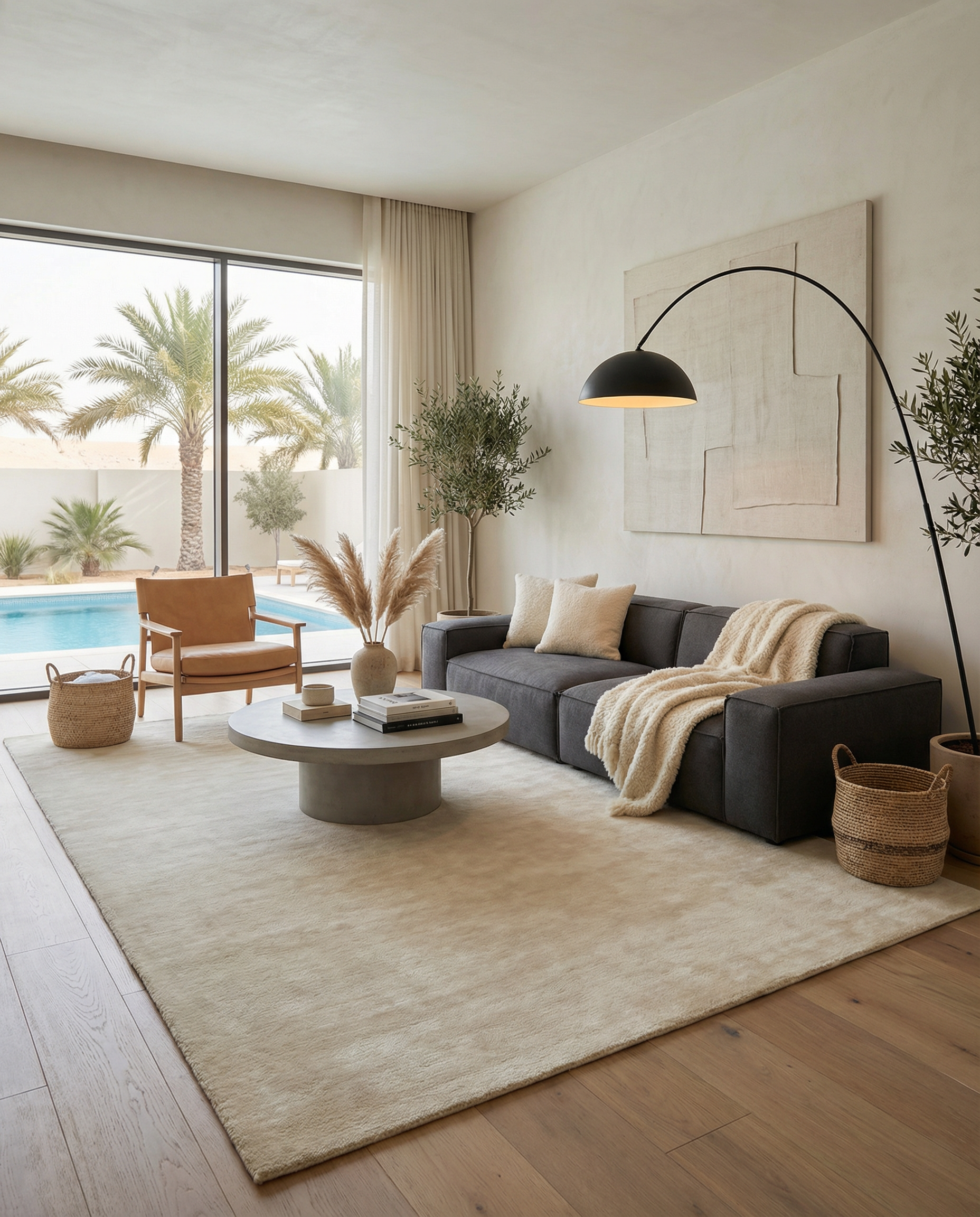 AIBA World warm ivory hand-knotted wool rug styled in a luxury sitting room with dark sage green walls, cognac leather chaise, charcoal bouclé chair and aged brass mirror — handmade rugs Dubai UAE