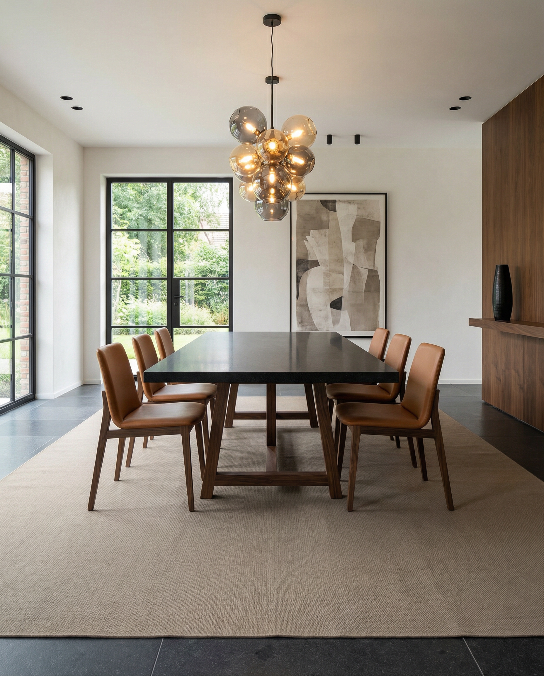 AIBA World warm taupe plain flatweave handmade rug in a luxury dining room with black granite table, cognac leather chairs and dark stone floor — handmade rugs Dubai UAE