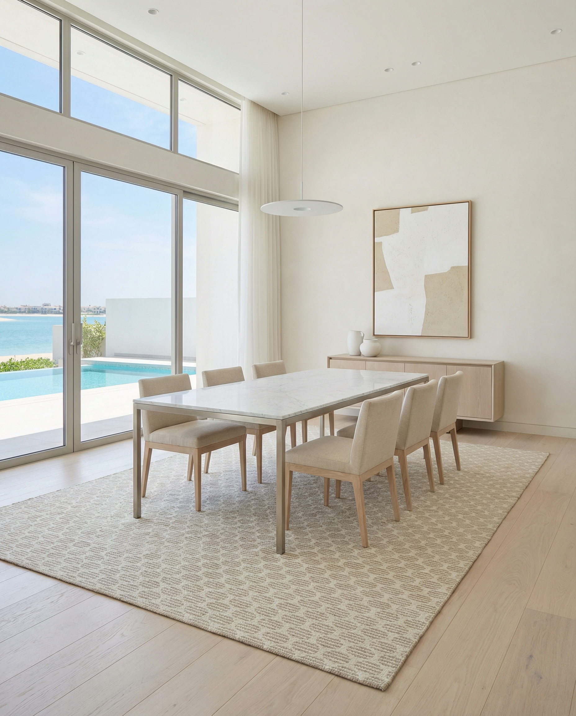 modern dinning room with beige handmade rug