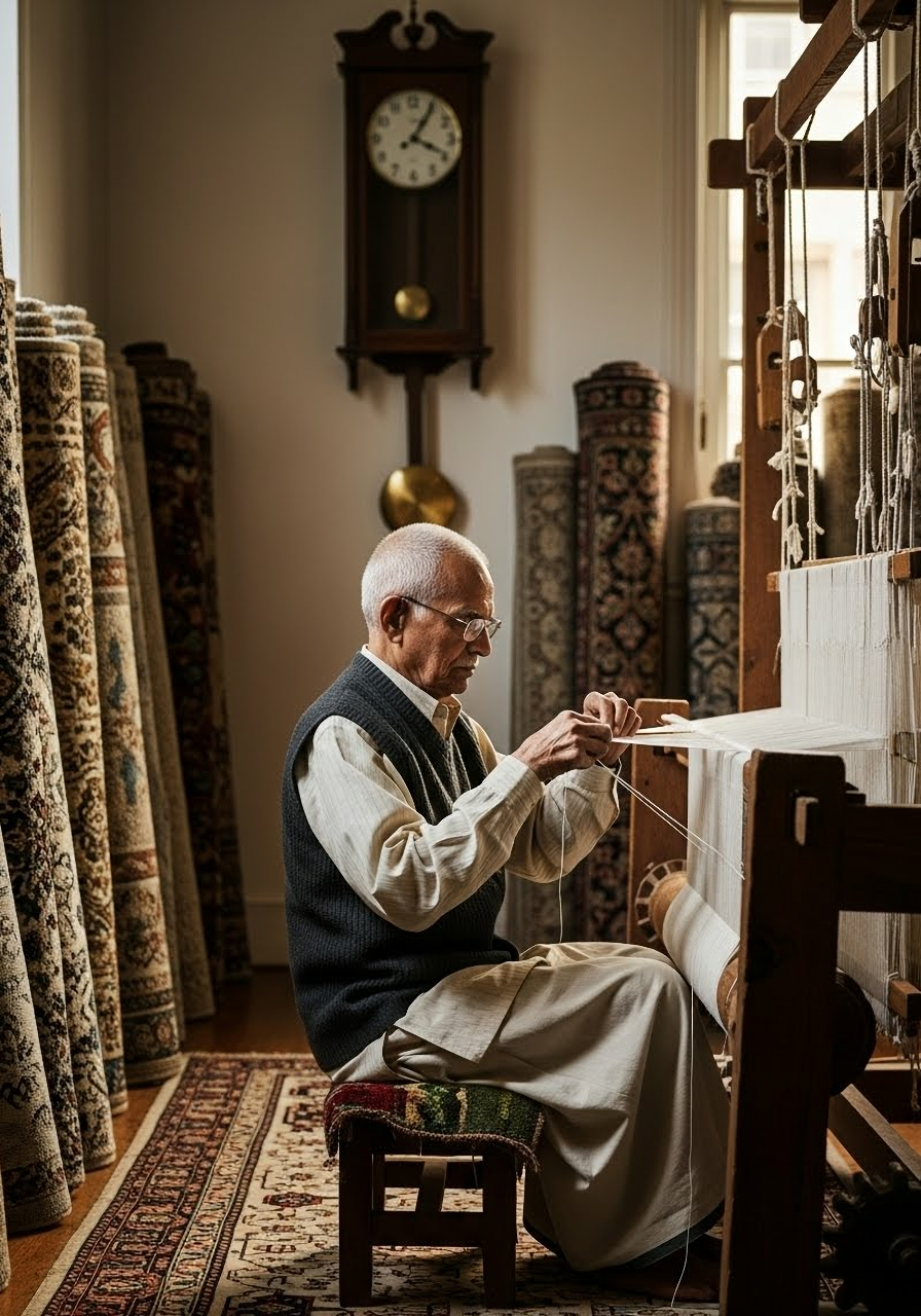 Man working on a carpet at a loom with various carpets and a clock in the background.
