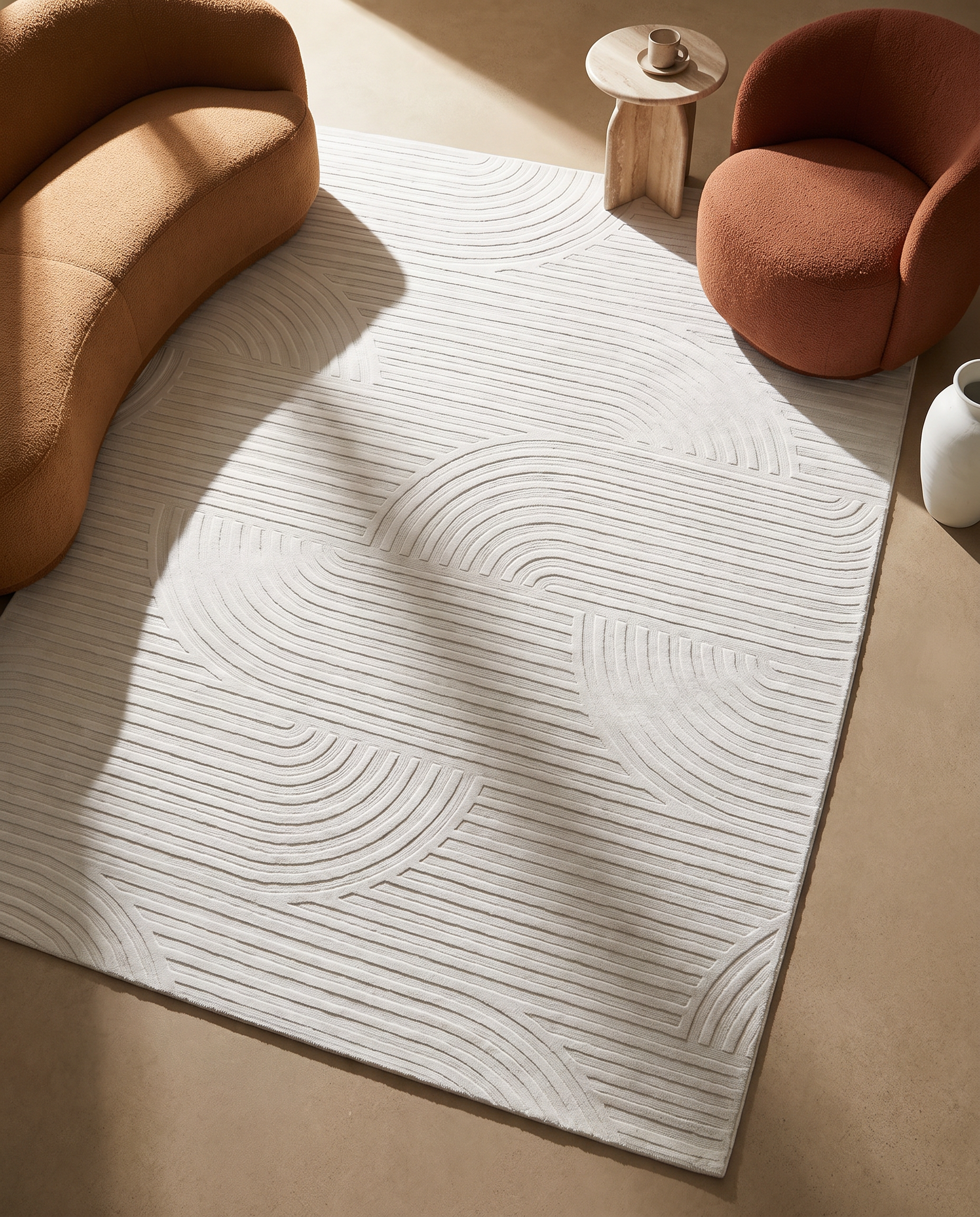 Ivory white carved Meander bamboo silk rug in a modern living room