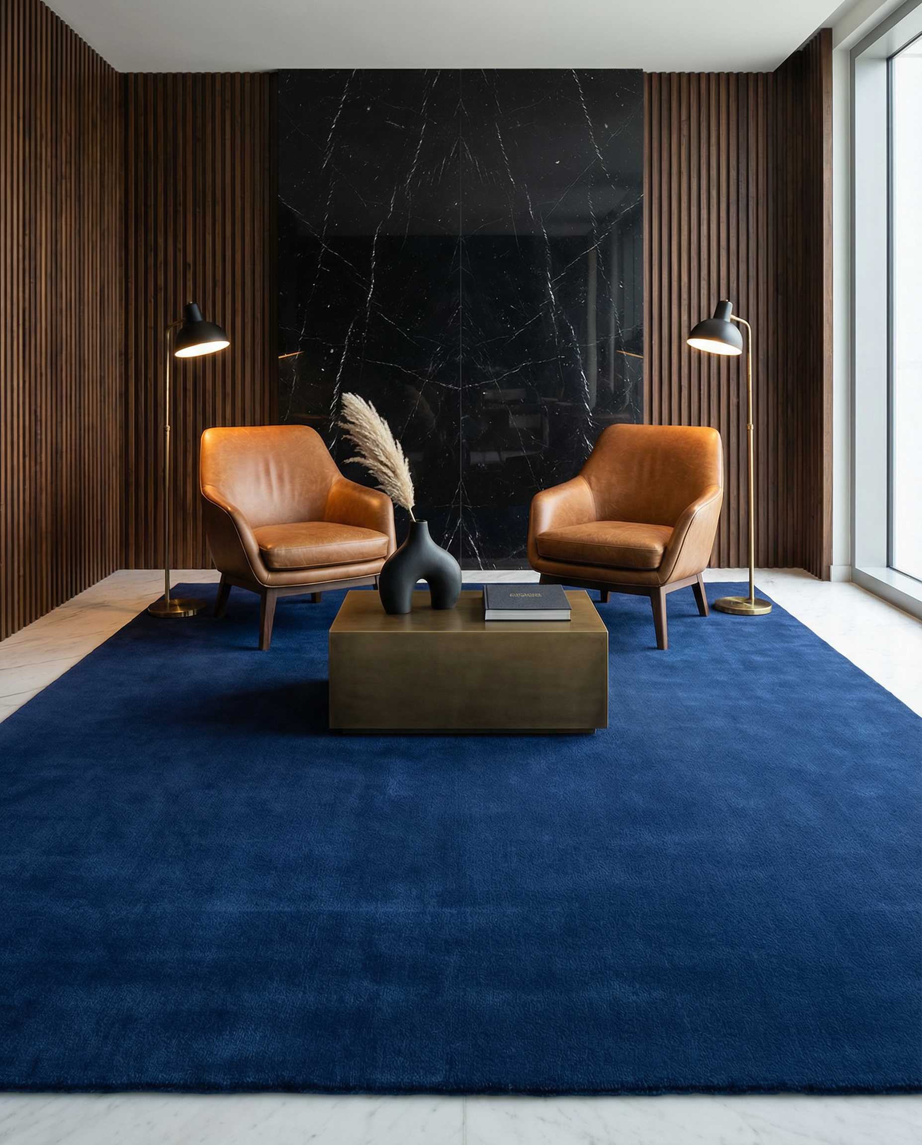 dark blue rug and brown chair in study room